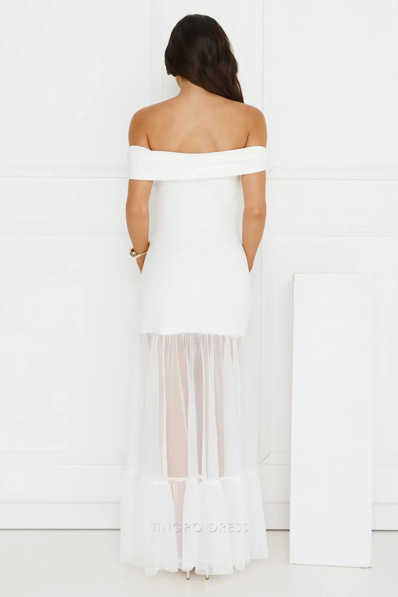 Elegant Off - Shoulder Mesh Hem Maxi Dress Prom Dress